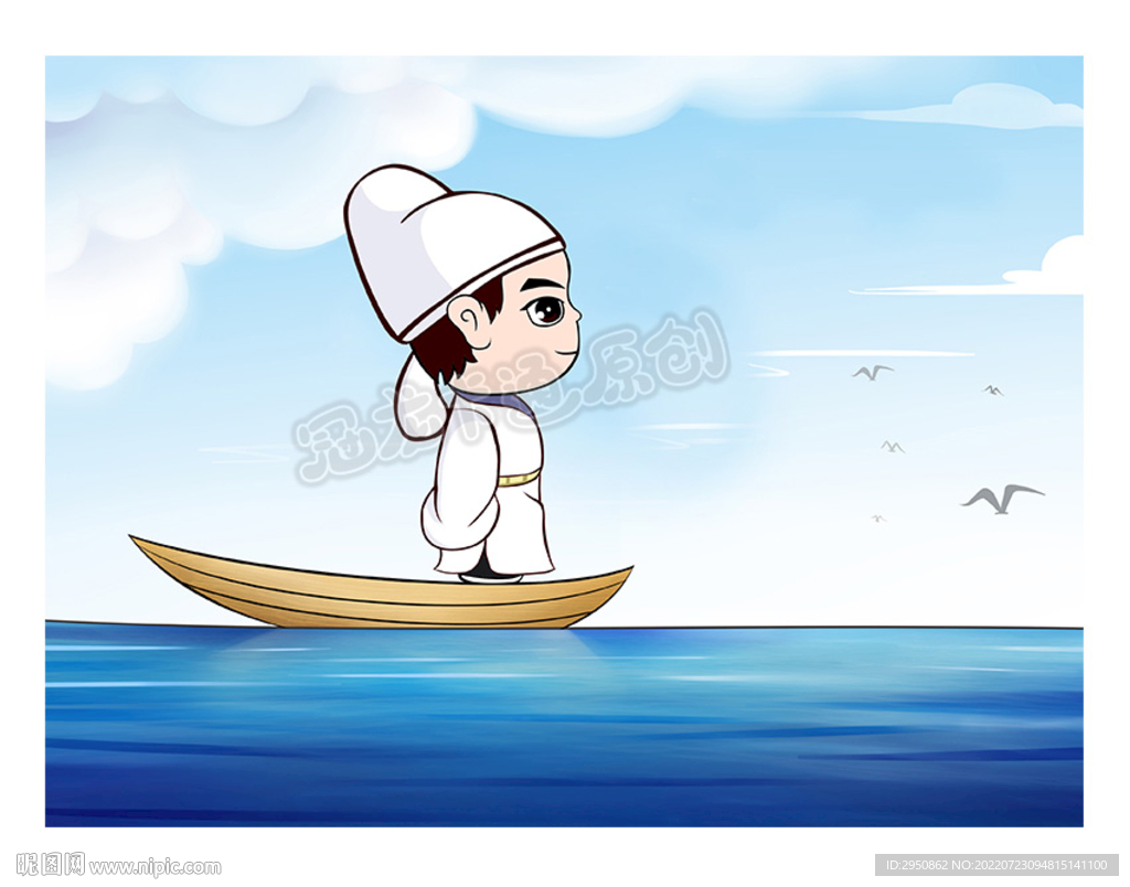 卡通李白乘船漫画高清分层图