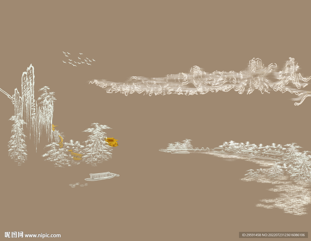 手绘山水画背景墙