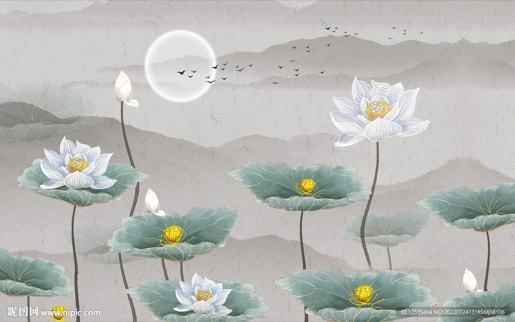 中式意境水墨山荷花简约背景墙