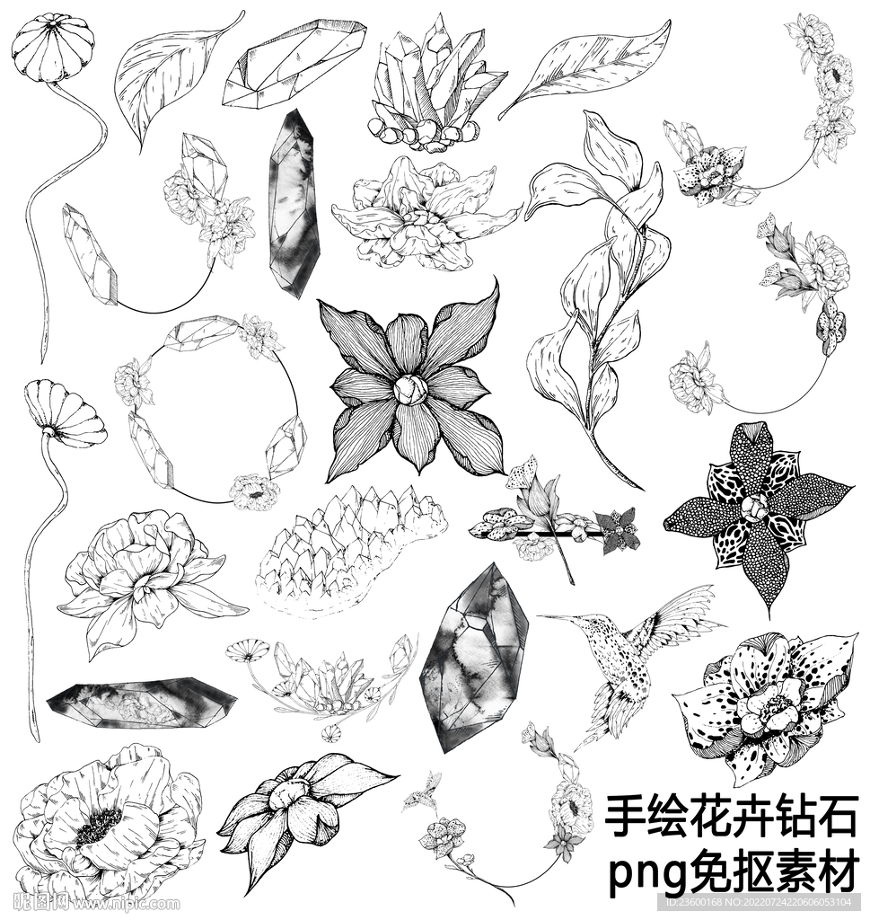 黑白手绘花卉钻石