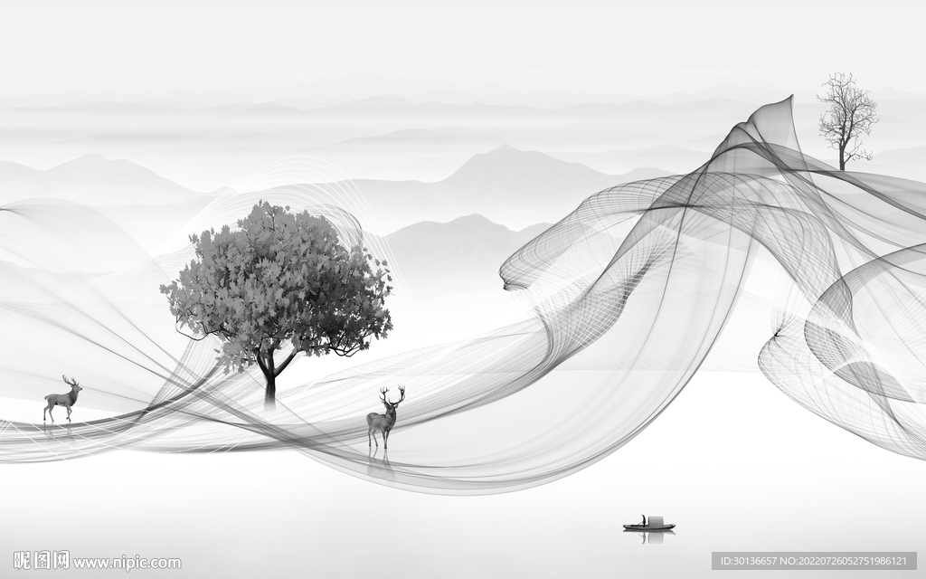 背景墙灰色中式山水 TiF分层