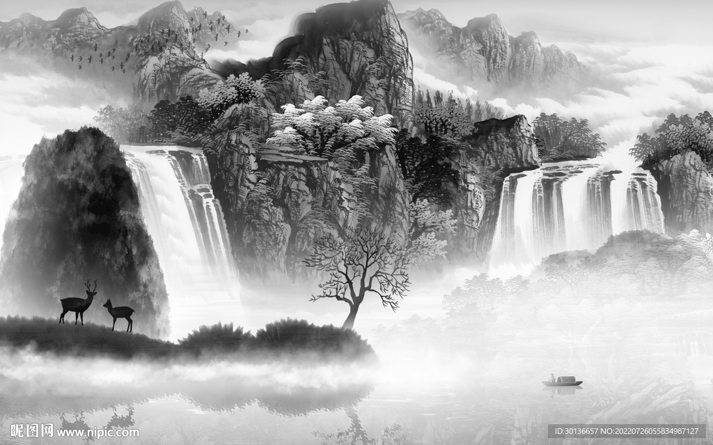 高清 灰色中式山水 TiF分层