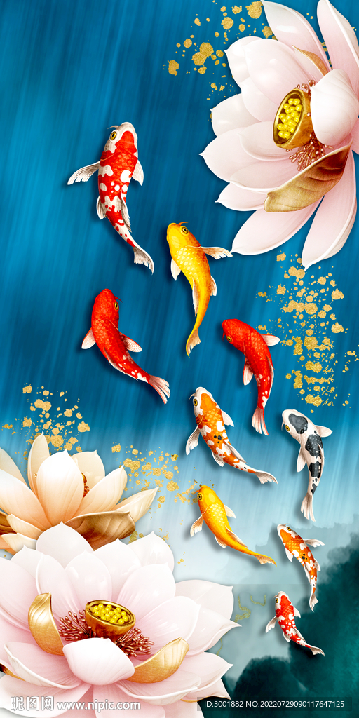 轻奢装饰画 荷花 金鱼