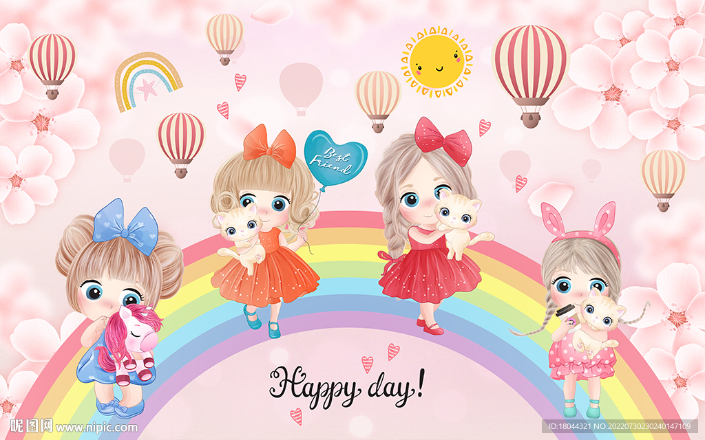 可爱卡通小女孩彩虹儿童房背景墙