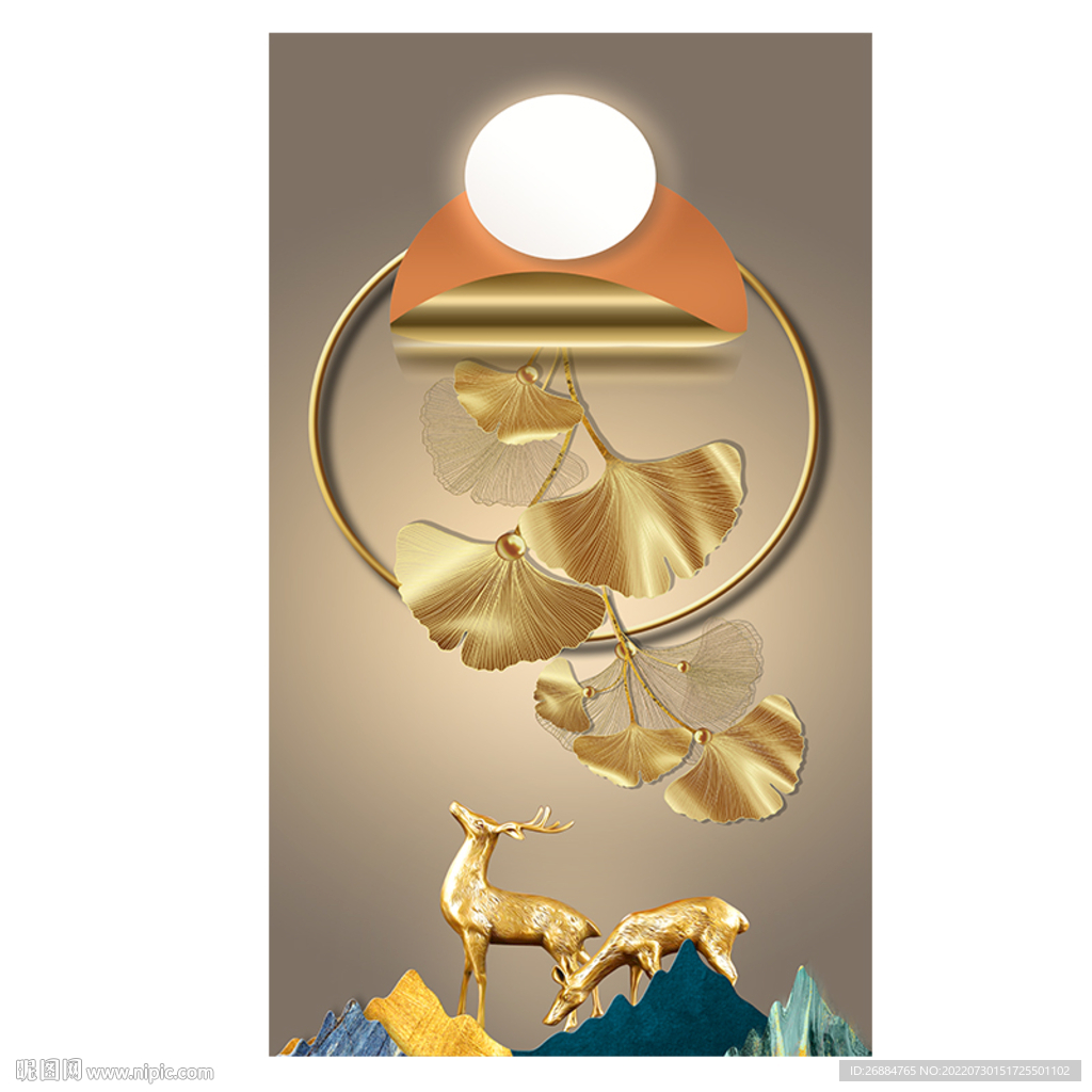 轻奢几何黄金银杏麋鹿背景装饰画