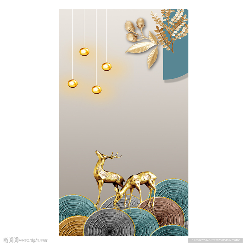 轻奢玄关麋鹿年轮装饰画背景画