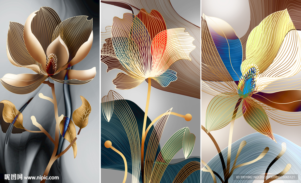 轻奢装饰画 三联画 花朵