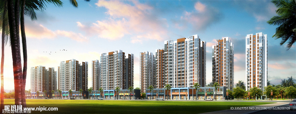 黄昏住宅小区商业沿街透视效果图