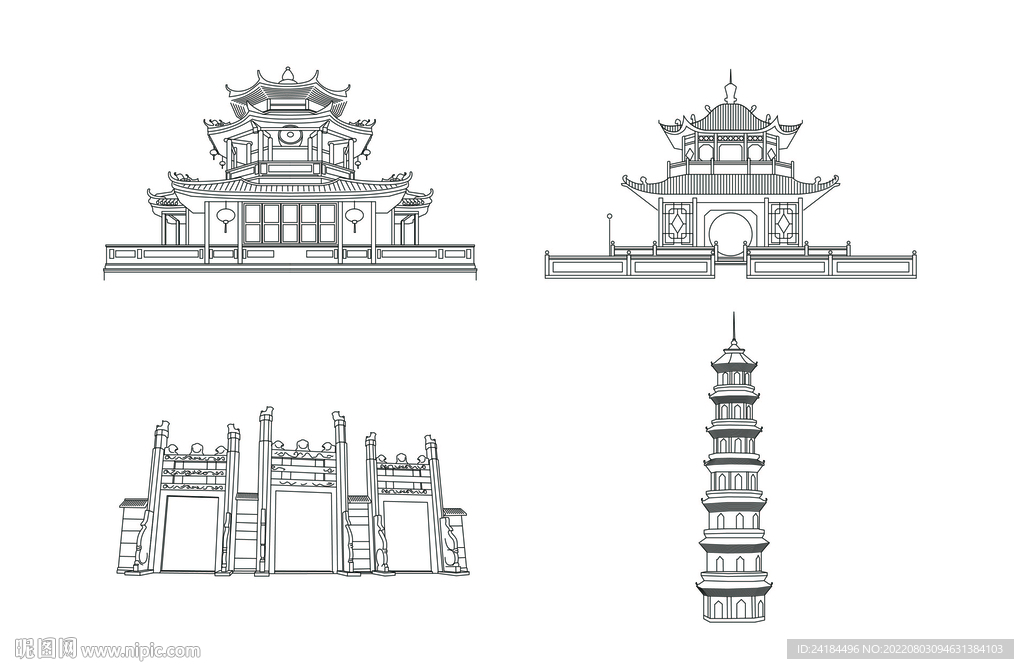 古建筑线描手绘矢量素材