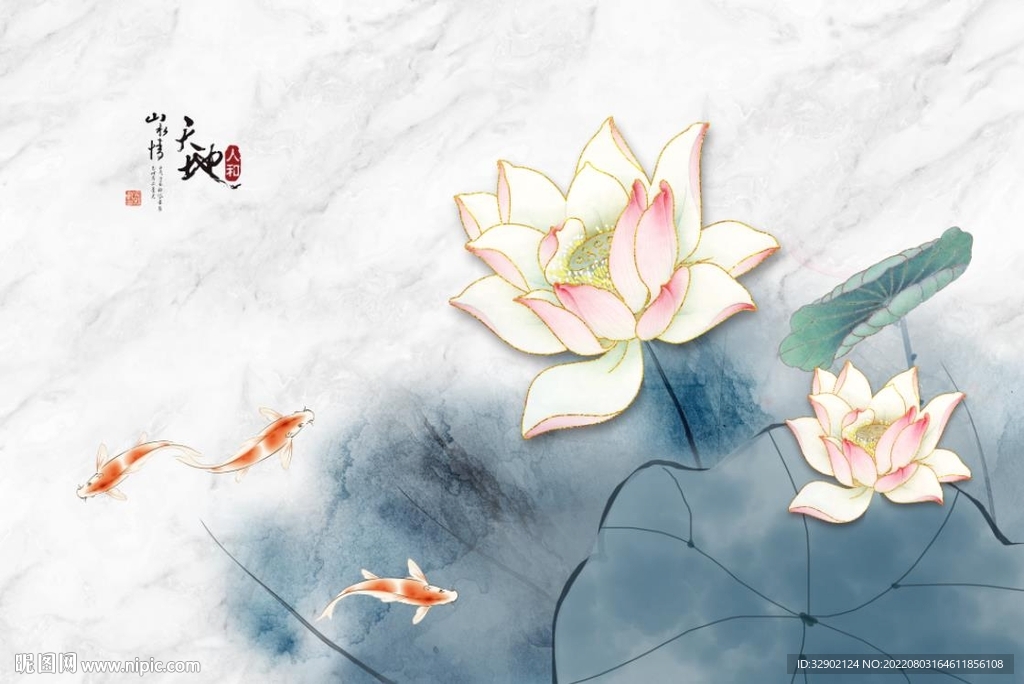 手绘荷花背景墙