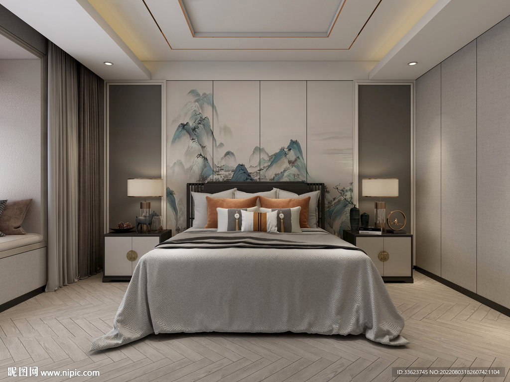 新中式卧室背景效果图