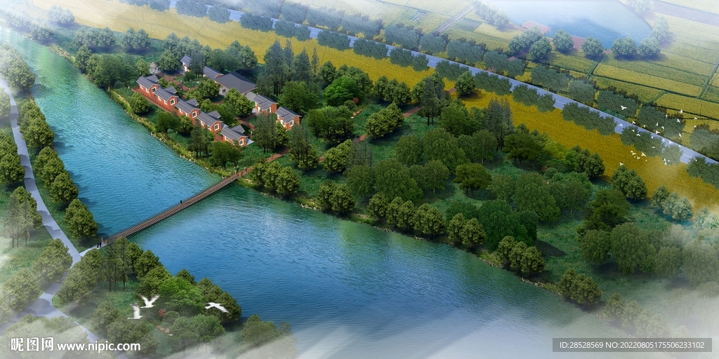 美丽乡村木屋及河道鸟瞰图