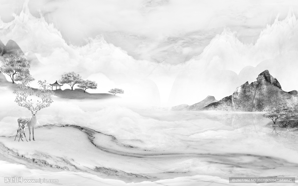 高清 灰色客厅山水 Tif分层