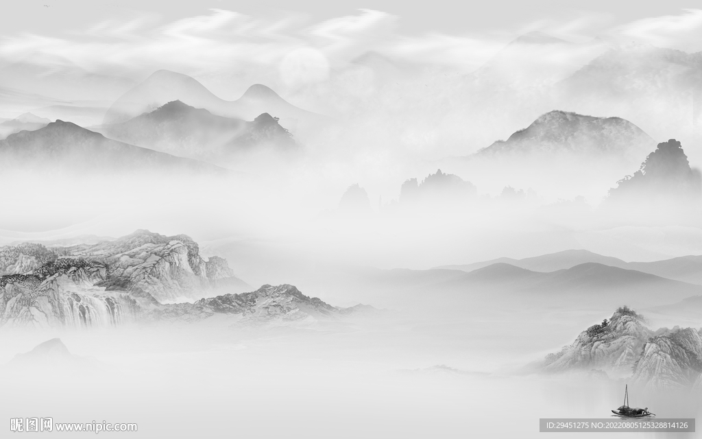 新款山水灰色墙画 Tif分层