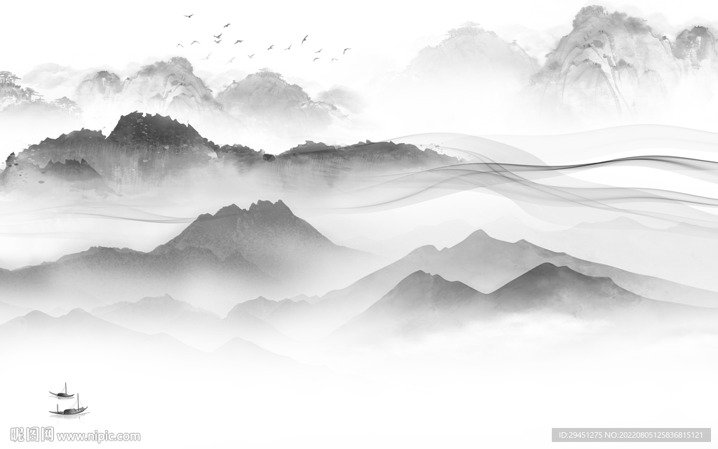 新品山水灰色墙画 Tif分层