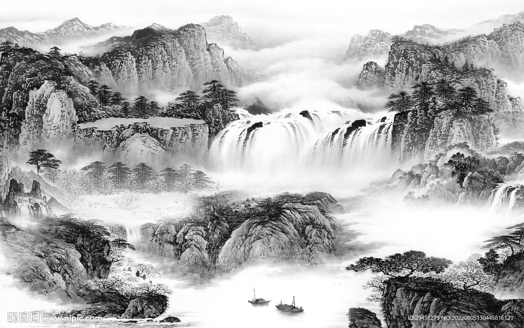 简约山水灰色墙画 Tif分层