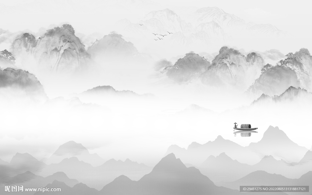 意境 山水灰色墙画 Tif分层