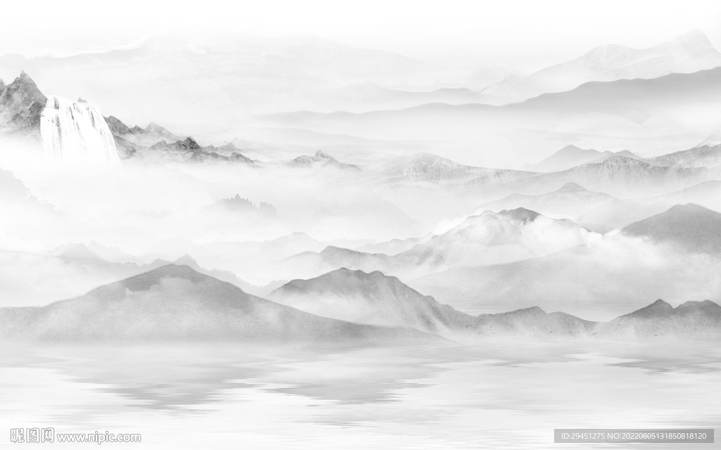 中式山水灰色墙画 Tif分层