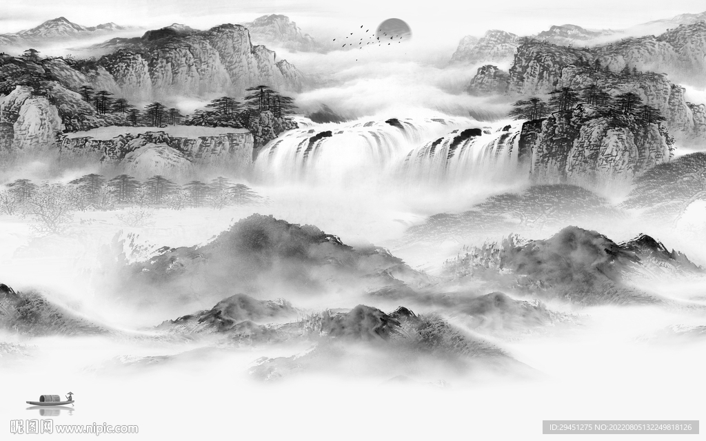 现代山水灰色墙画 Tif分层