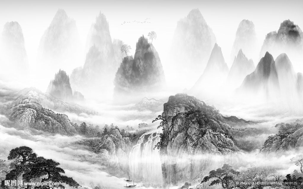 大气山水灰色墙画 Tif分层