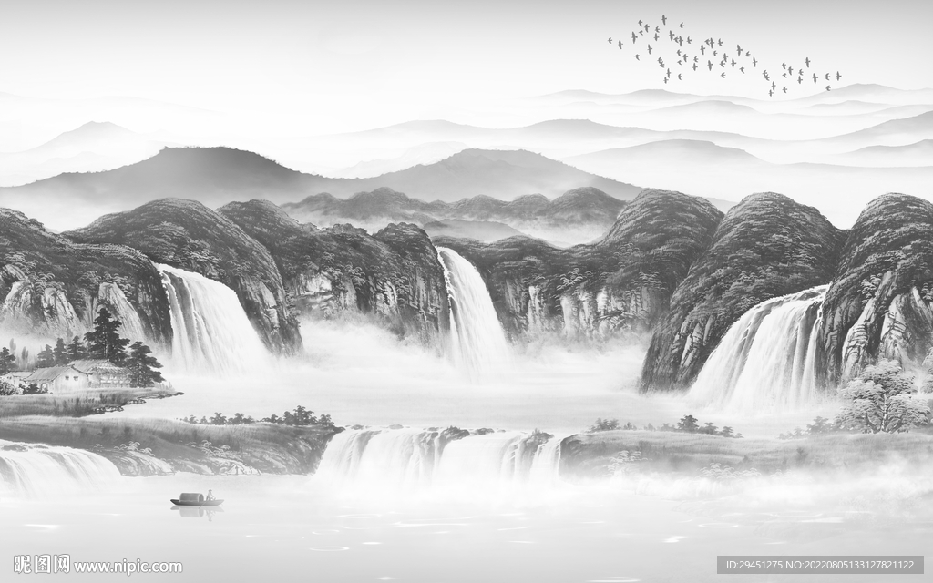 高清山水灰色墙画 Tif分层