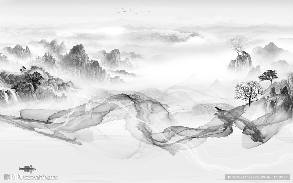 最新灰色背景山水 tif分层