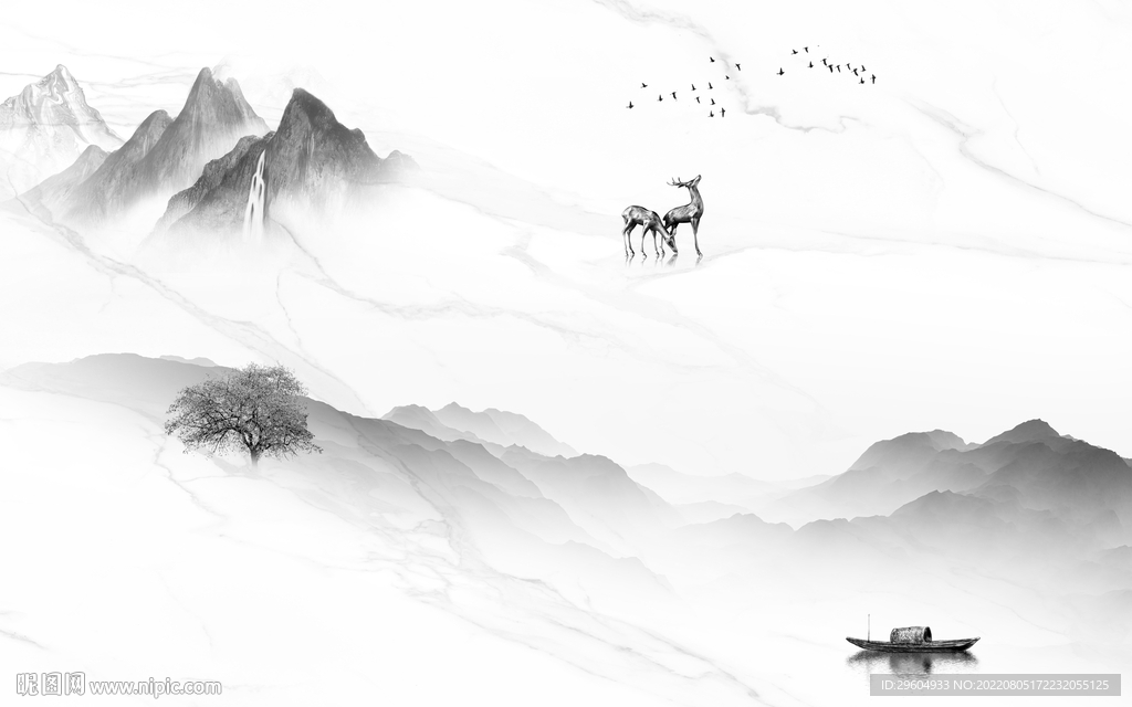 中国风灰色背景山水 TIf分层