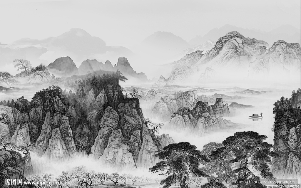 新中式灰色现代山水 Tif分层