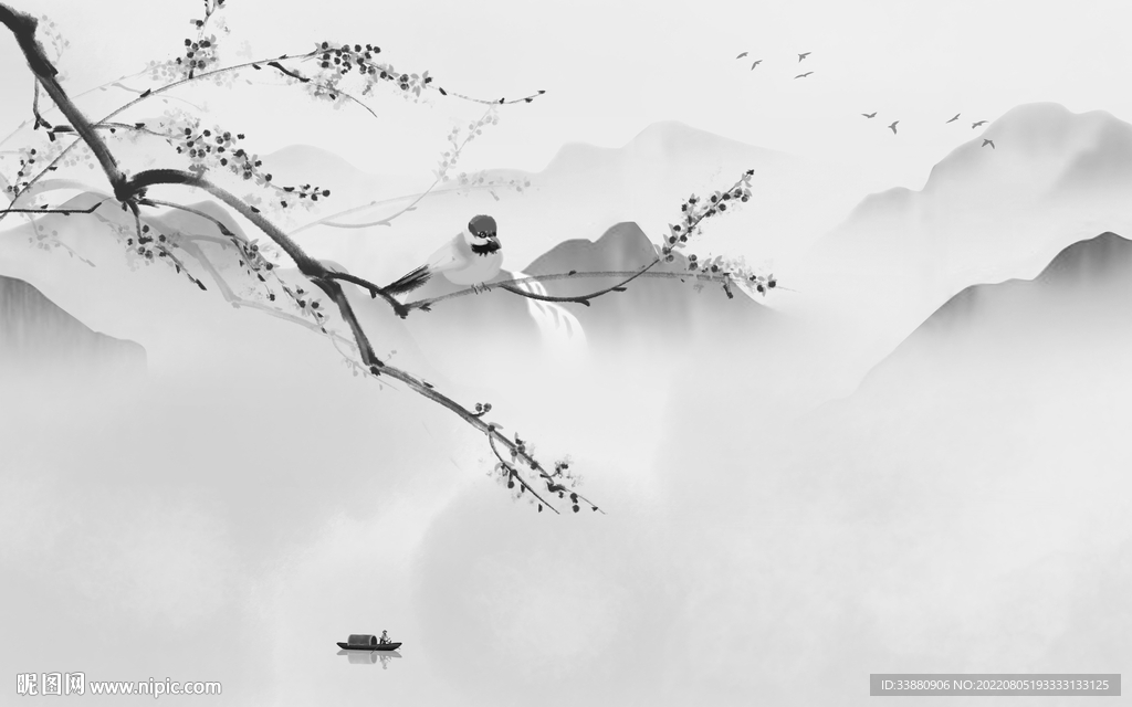 中国风简约灰色山水 Tif分层