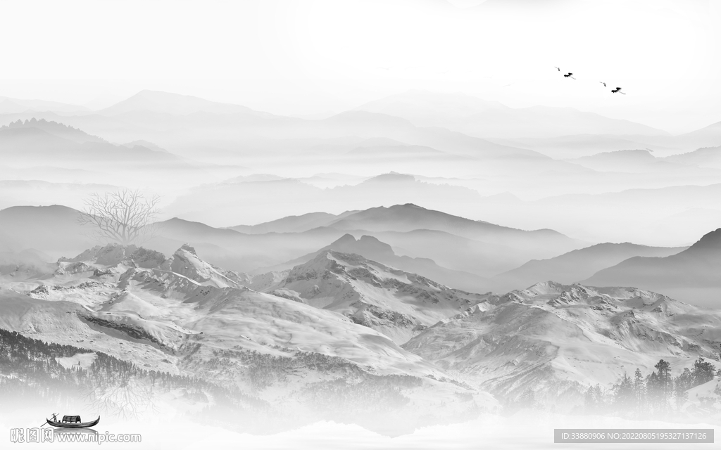 新款客厅灰色山水 Tif分层