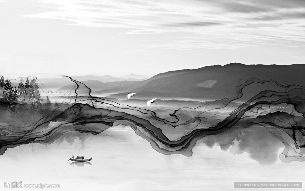 新中式简约灰色山水 Tif分层