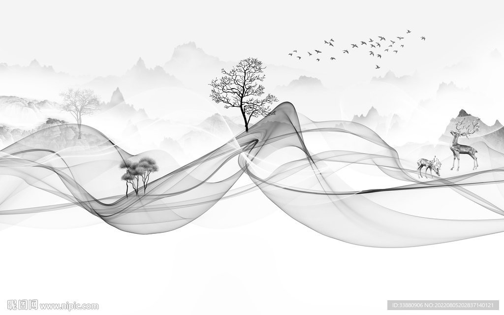 爆款简约灰色山水 Tif分层