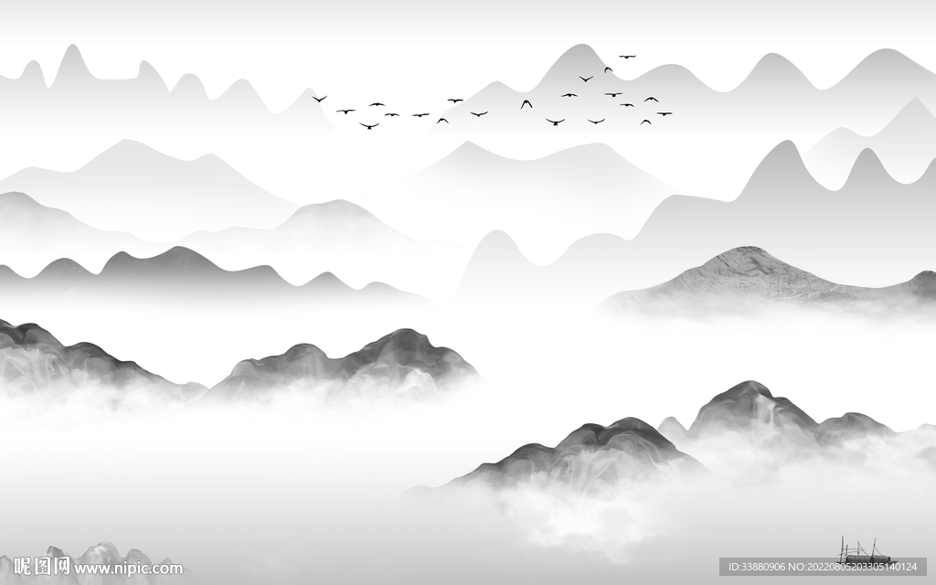 人气 客厅灰色山水 Tif分层