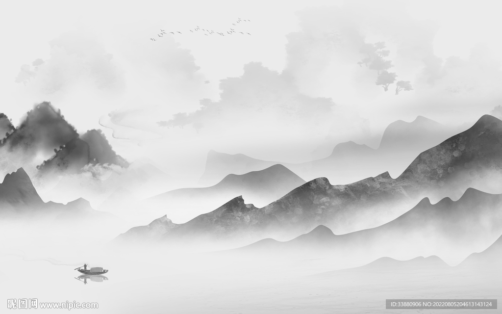 背景墙灰色中式山水 tiF分层