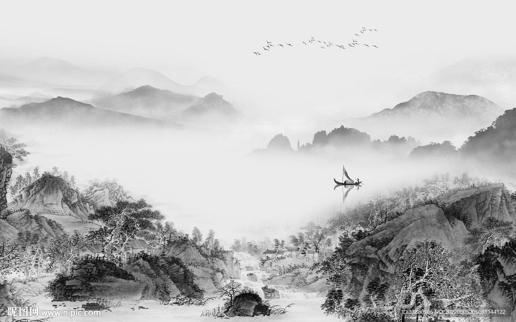 中式客厅灰色山水 Tif分层