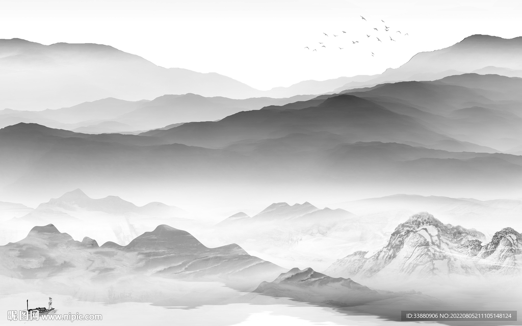 现代灰色中式山水 tiF分层