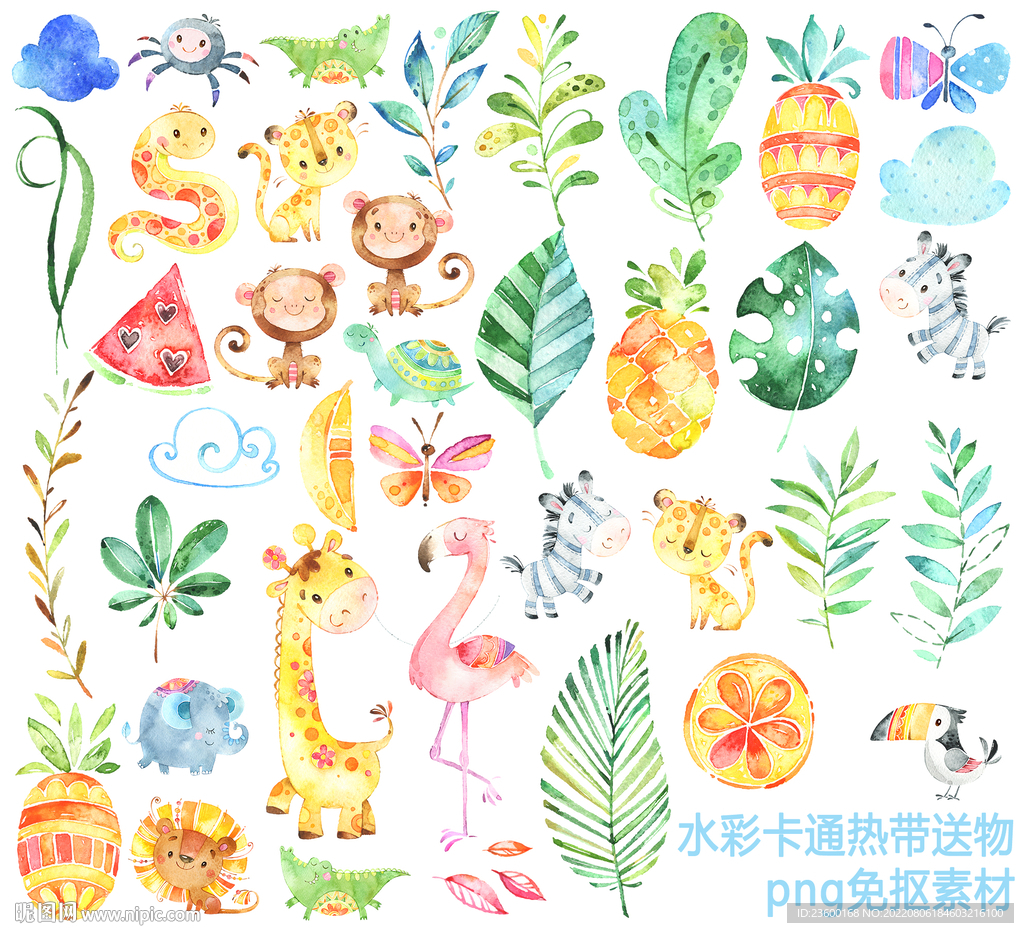 水彩卡通热带动物