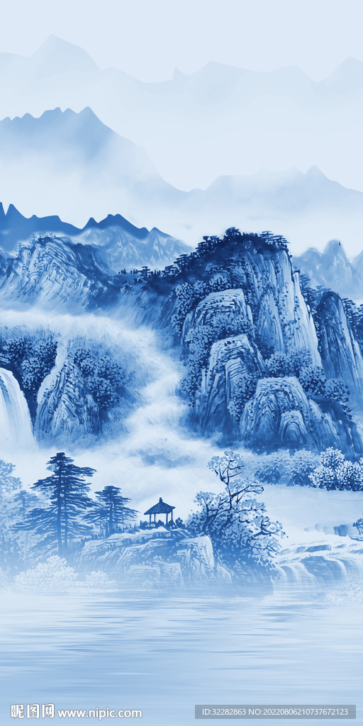 蓝色 简约山水玄关 Tif分层