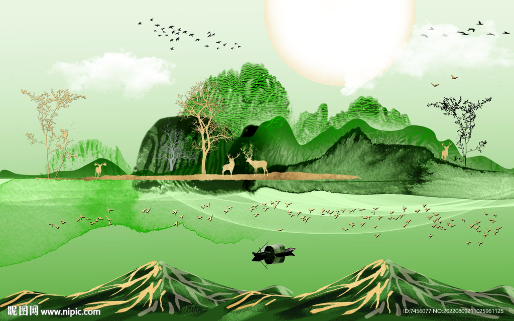 水墨湖泊山脉背景墙