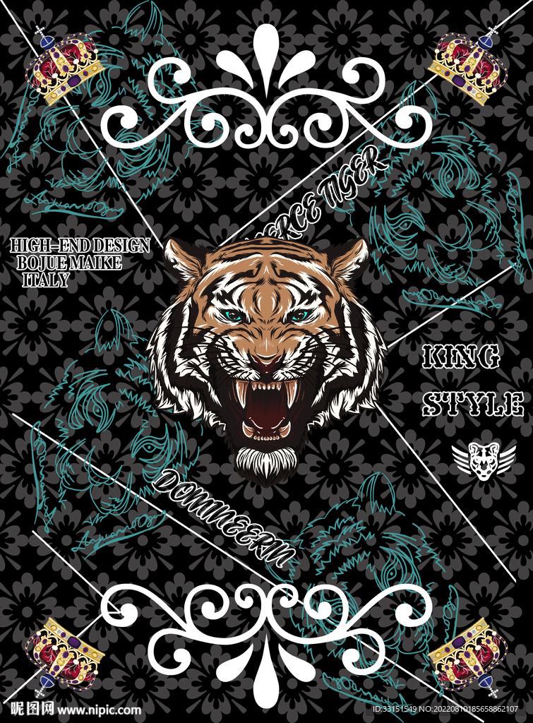 大牌男装老虎皇冠印花