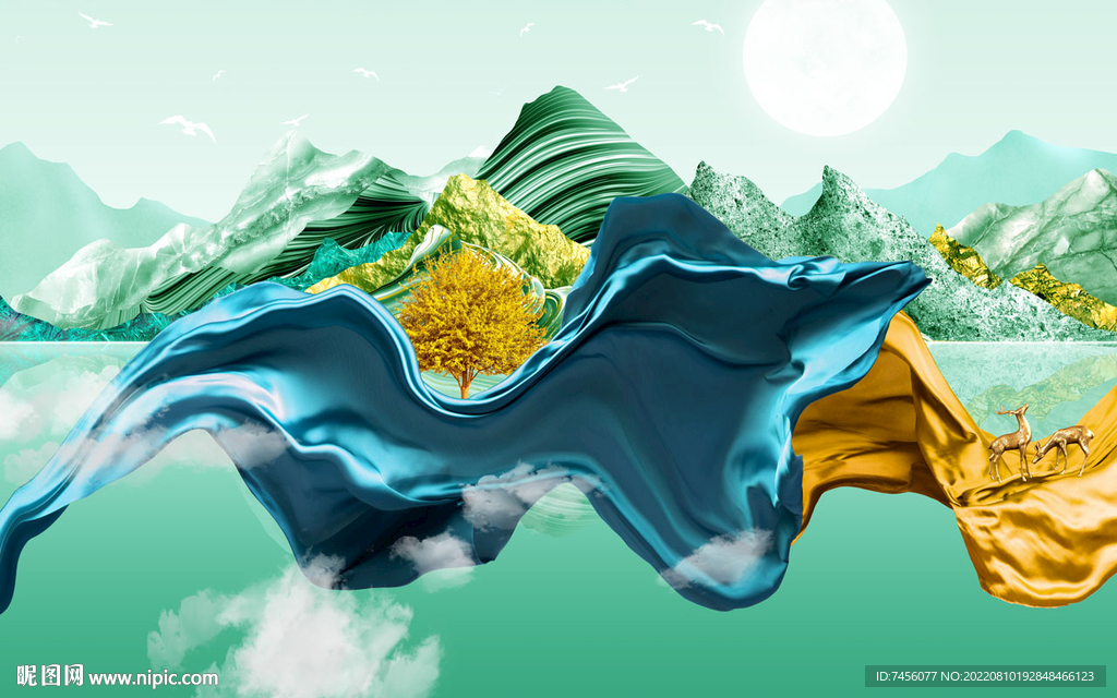 巍峨山脉湖泊绸布背景墙