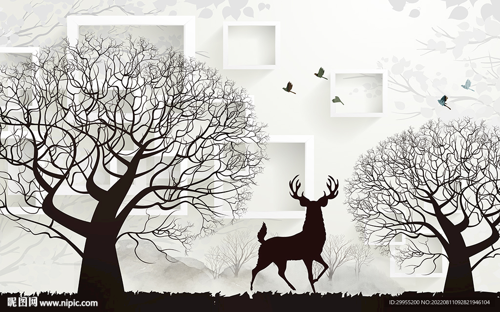 抽象麋鹿大树背景墙
