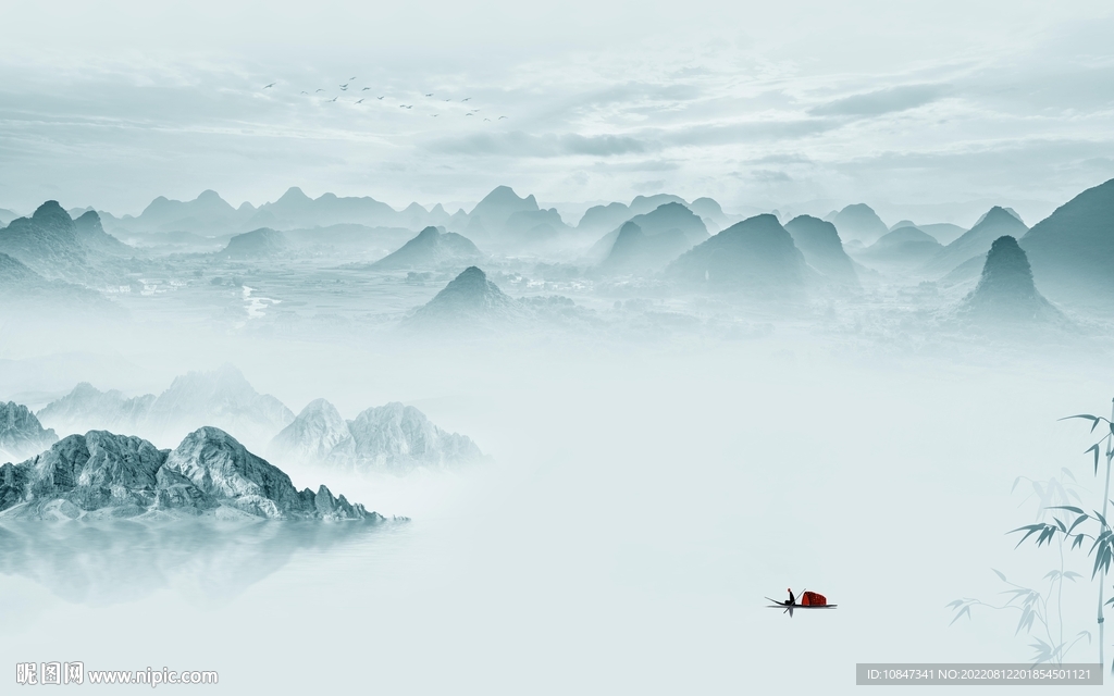 意境 中式山水墙画 TIf分层