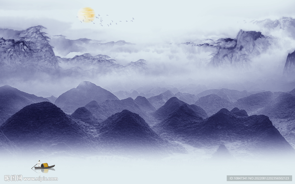 别墅中式山水墙画 TIf分层