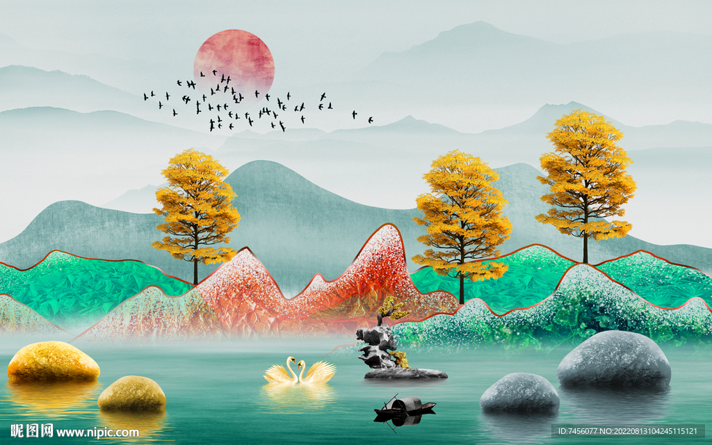 中式山脉湖泊背景墙