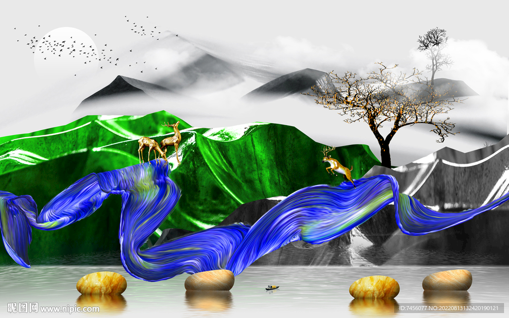 湖泊麋鹿山脉高清背景墙