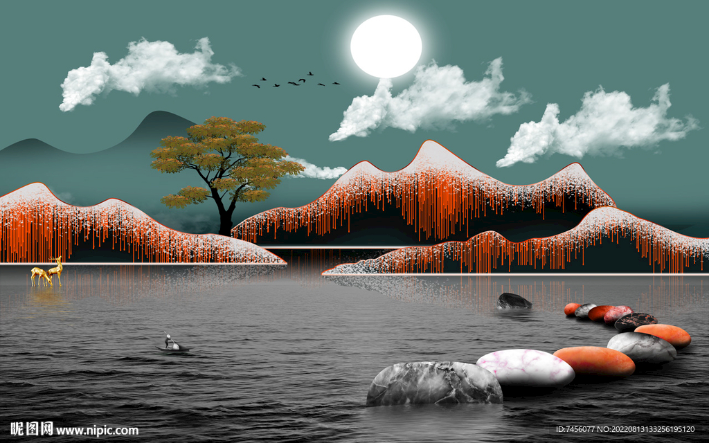 湖泊山脉高清风景画背景墙