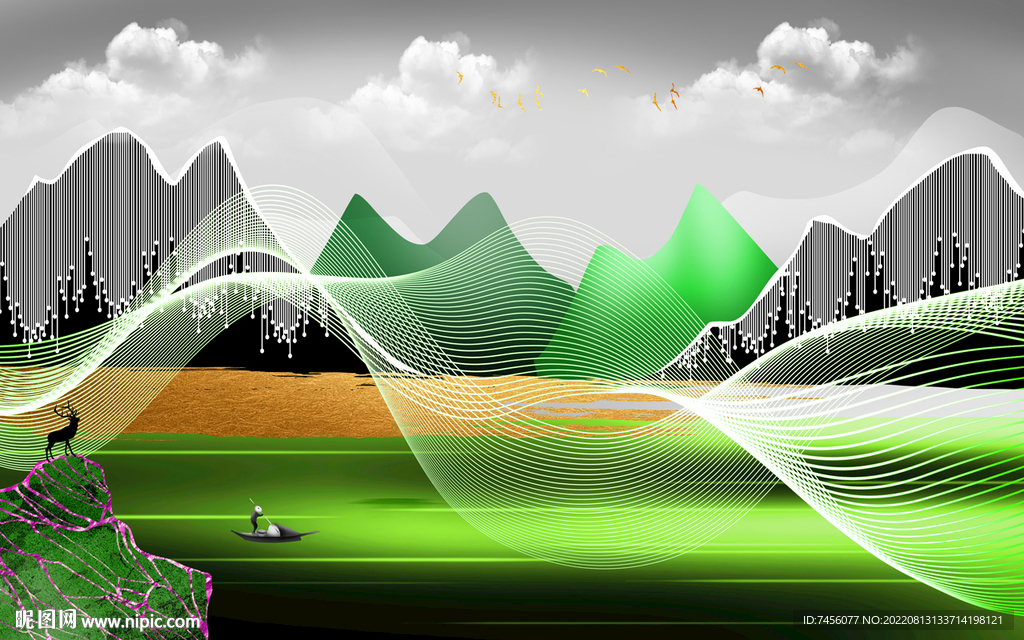 水彩山脉湖泊电视机背景墙