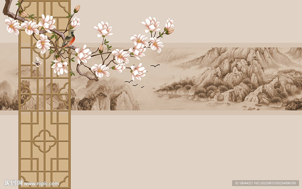 新中式山水画花鸟电视背景墙