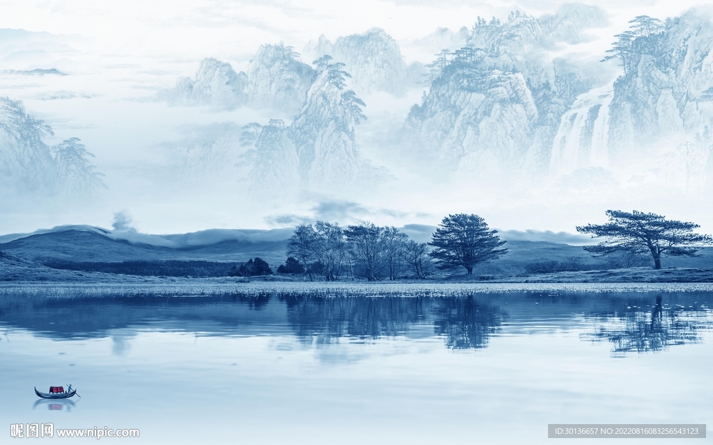 新中式意境山水墙画 Tif分层